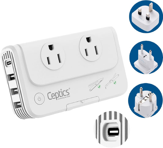 European Travel Voltage Converter by Ceptics, 230W Adapter for Curling Iron, Straightener, Chargers, Step Down World Power Plug - 4 USB Charging QC 3.0 - SWadApt Compatible - Type C, E/F, G Included
