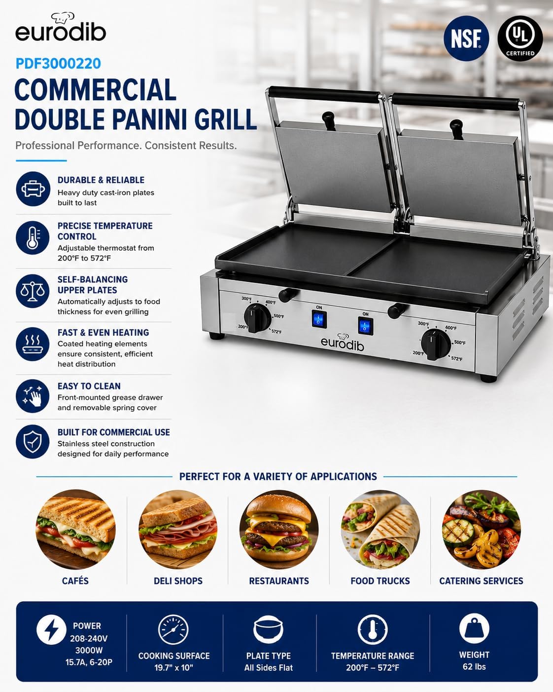 eurodib Commercial Double Panini Grill, All Flat Plates, 220V – PDF3000220 | Dual heating elements, adjustable thermostat to 572°F, self-balancing top plate, front grease drawer