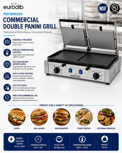 eurodib Commercial Double Panini Grill, All Flat Plates, 220V – PDF3000220 | Dual heating elements, adjustable thermostat to 572°F, self-balancing top plate, front grease drawer