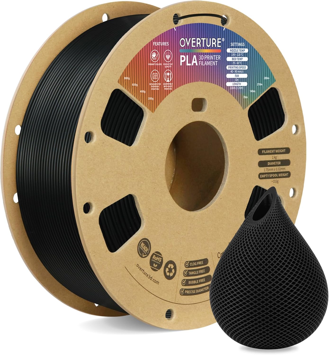 OVERTURE PLA Filament 1.75mm PLA 3D Printer Filament, 1kg Cardboard Spool (2.2lbs), Dimensional Accuracy +/- 0.02mm, Fit Most FDM Printer (Black 1-Pack)