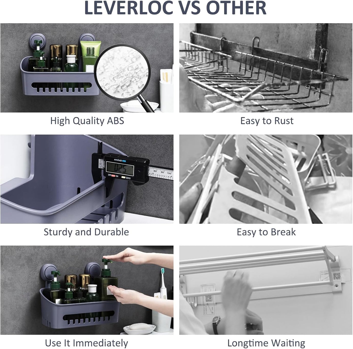 LEVERLOC Shower Caddy Suction Cup, 2 Pack Black Shower Shelf with Hooks and Soap Holder, NO-Drilling Bathroom Organizer, Rustproof Metal Bathroom Storage and Organization