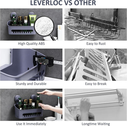 LEVERLOC Shower Caddy Suction Cup, 2 Pack Black Shower Shelf with Hooks and Soap Holder, NO-Drilling Bathroom Organizer, Rustproof Metal Bathroom Storage and Organization