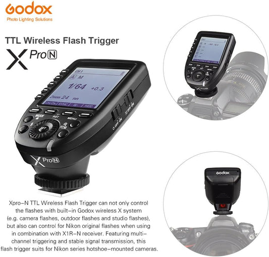 Godox Xpro-N i-TTL Flash Trigger Transmitter with Large LCD Screen 2.4G Wireless X System 32 Channels Support TTL Autoflash 1/8000s HSS for Nikon Camera for Godox Camera - PuriLite