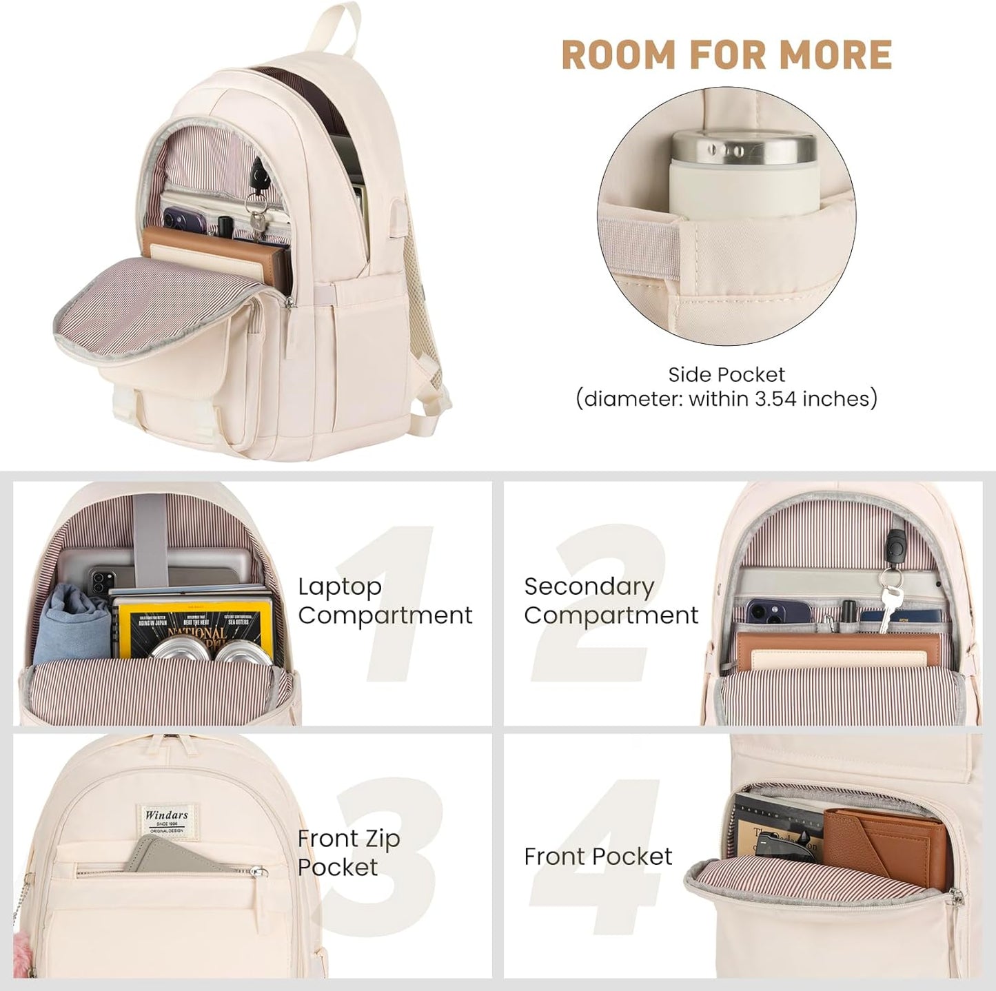 WINDARS School Backpack for Teen Girls, Cute College Backpacks for Women Students Aesthetic Bookbag Large 15.6 Inch Laptop Bag Middle School Travel Back Pack (Khaki Beige)