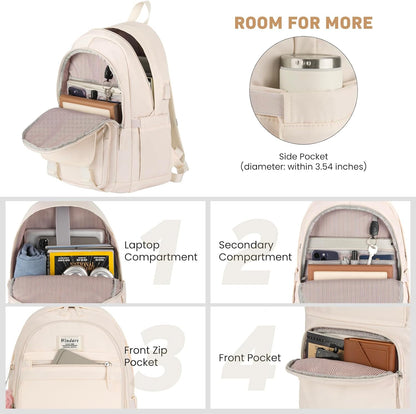 WINDARS School Backpack for Teen Girls, Cute College Backpacks for Women Students Aesthetic Bookbag Large 15.6 Inch Laptop Bag Middle School Travel Back Pack (Khaki Beige)