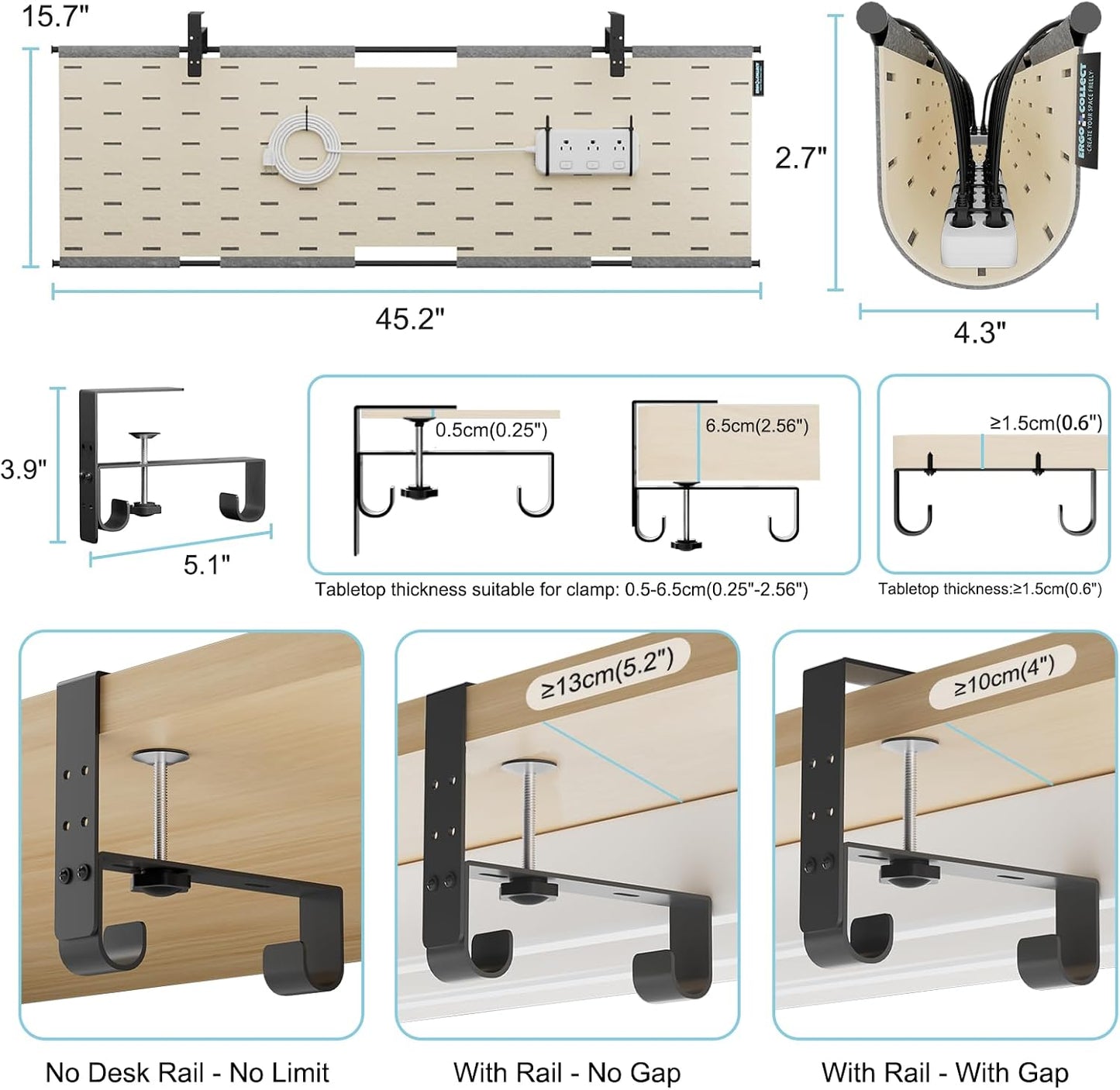 No Drill Under Desk Cable Management Tray, 45.2" Large Felt Cord Organizer with Pegboard-Style Design, Power Strip Holder, Privacy Panel for Standing Desk & Home Office, Clamp/Screw Mount(Gray/Khaki)