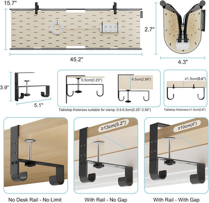 No Drill Under Desk Cable Management Tray, 45.2" Large Felt Cord Organizer with Pegboard-Style Design, Power Strip Holder, Privacy Panel for Standing Desk & Home Office, Clamp/Screw Mount(Gray/Khaki)