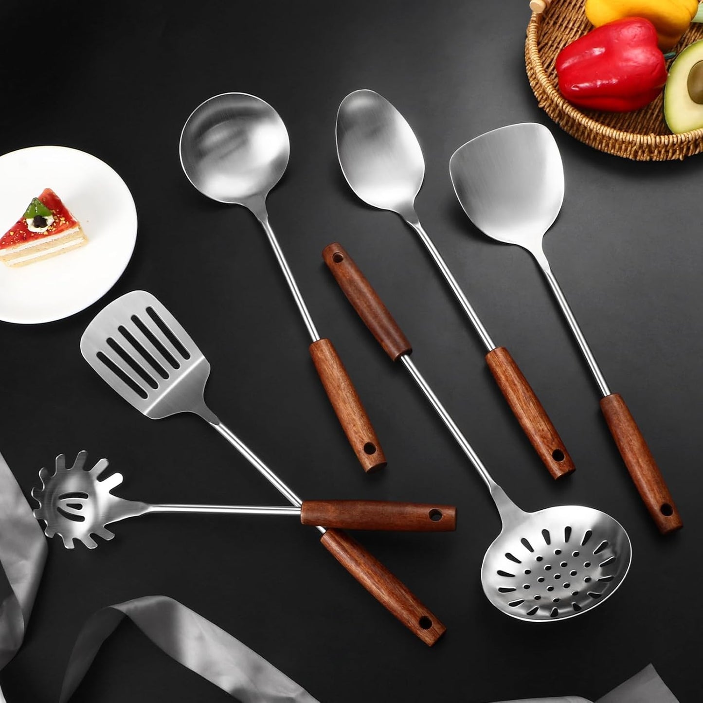 304 Stainless Steel Kitchen Utensils Set, 6 Pcs Long Cooking Utensils Set with Wooden Handle, Large Heat Resistant Kitchen Tools(Dishwasher Safe)