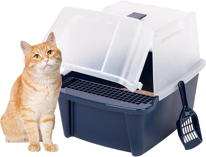IRIS USA Cat Litter Box, Litter Box Enclosure with Scoop and Front Door Flap, Covered Kitty Litter Box for Privacy, Portable, Easy to Clean, Navy