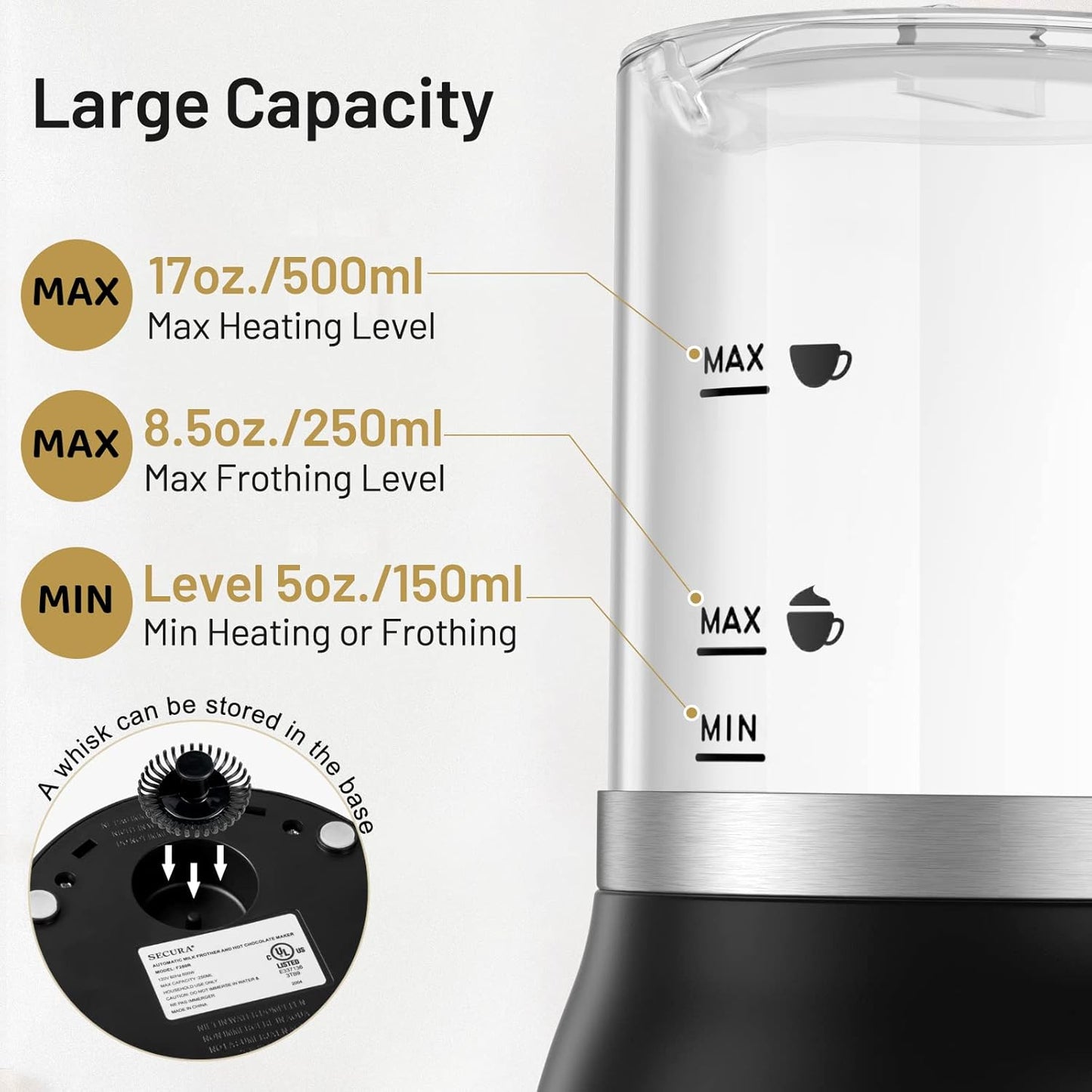 Secura Detachable Milk Frother and Steamer, 17oz Electric Milk Warmer 4-in-1 Hot/Cold Foam Maker for Latte, Cappuccinos, Macchiato, Hot Chocolate