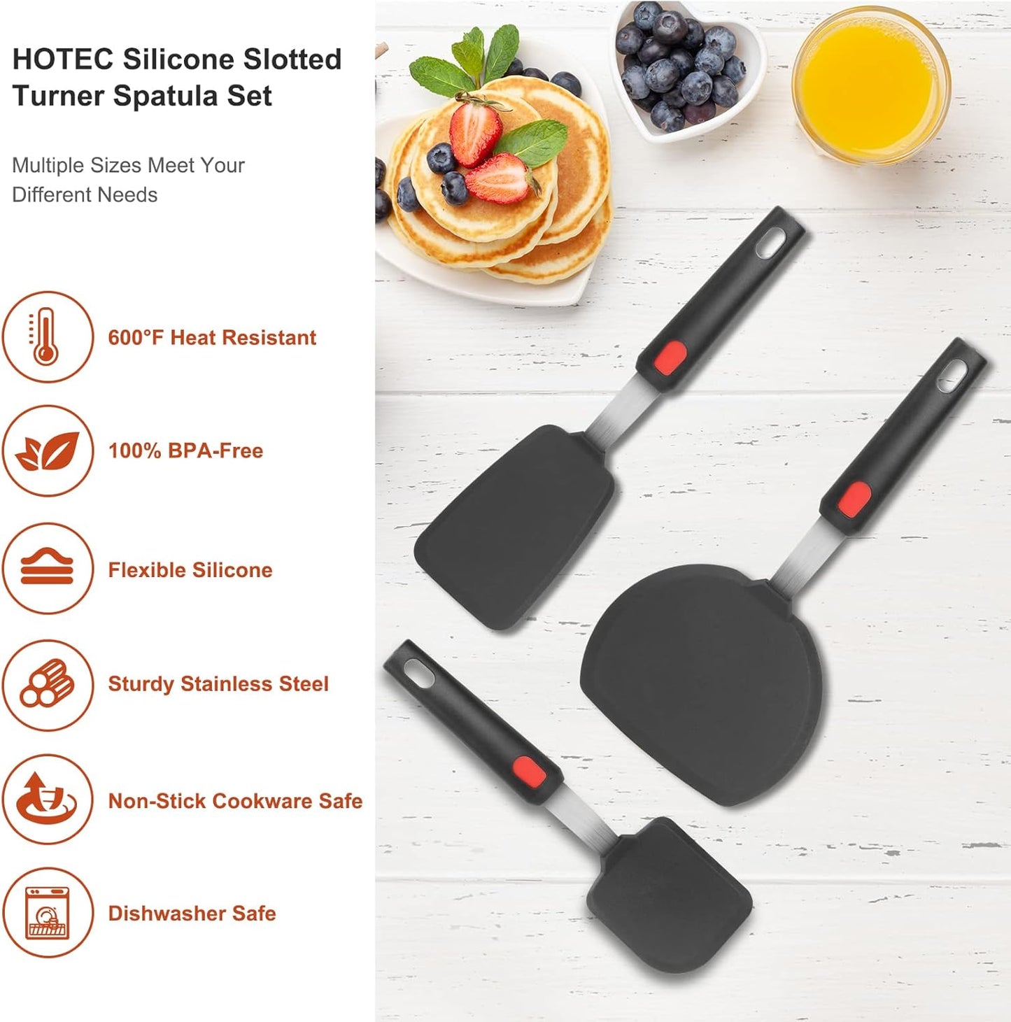 Hotec Silicone Spatula Turner for Nonstick Cookware, Flexible 600F Heat Resistant, Ideal for Flipping Eggs, Burgers, Pancakes, Crepes and More (3 Pack)