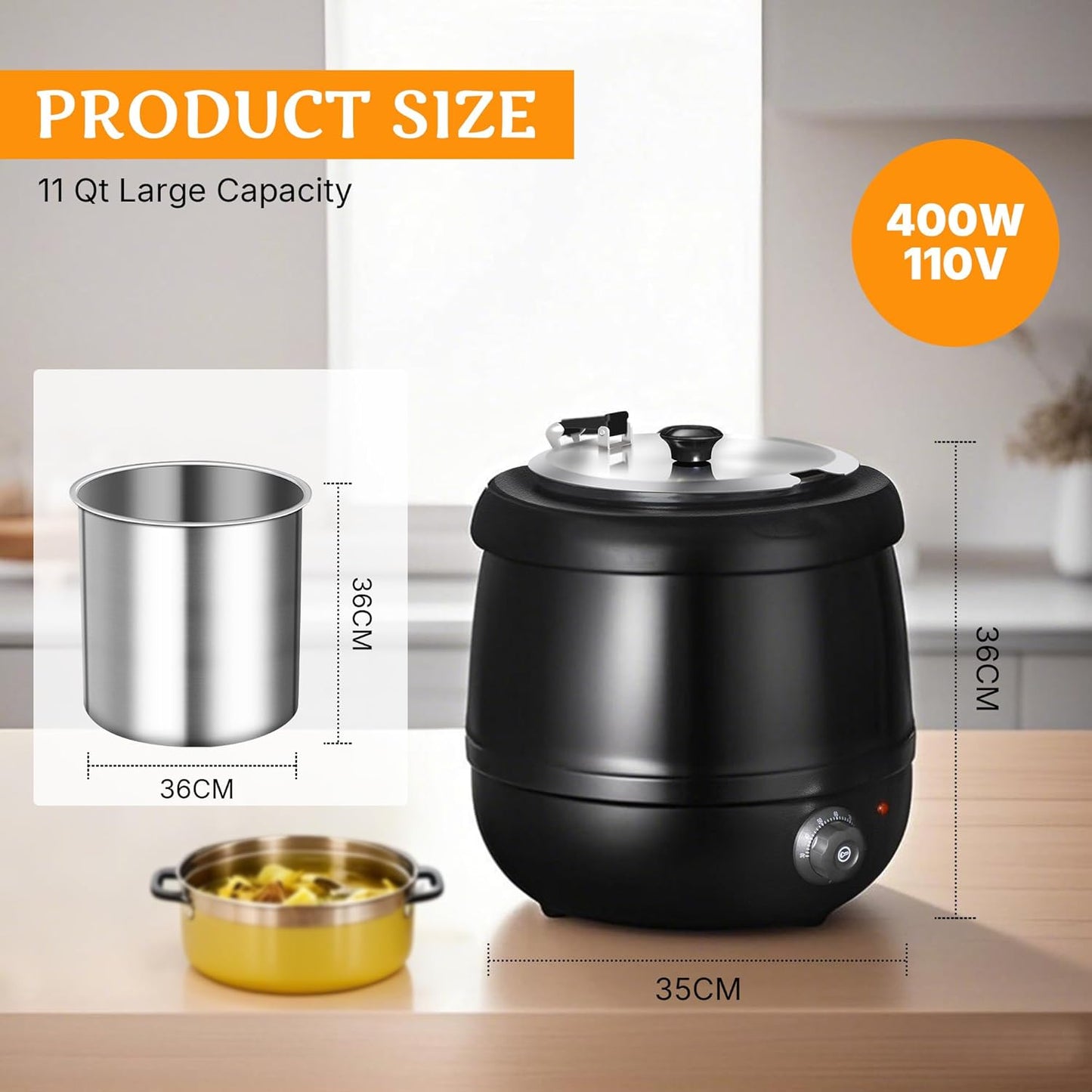 CLIVIA Soup Warmer, 11 Qt Soup Kettle Warmer Electric Commercial Food Kettle Warmer Coountertop with Hinged Lid & Detachable Stainless Steel Insert Pot for Restaurant/Buffet/Hotel/Family, Black