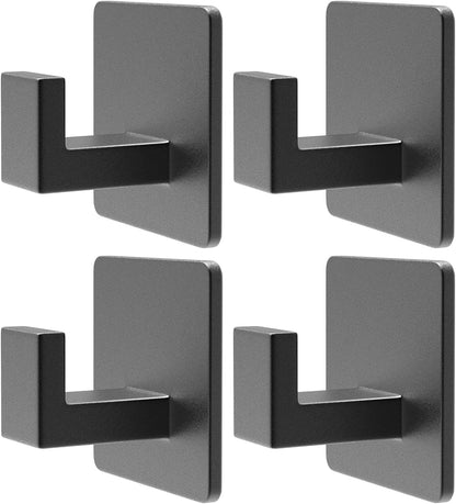 PMMASTO Black 4 Pack Self Adhesive Wall Hooks for Hanging, Stick On Wall Hanger Hook for Shower, Robe, Hat - Aluminium