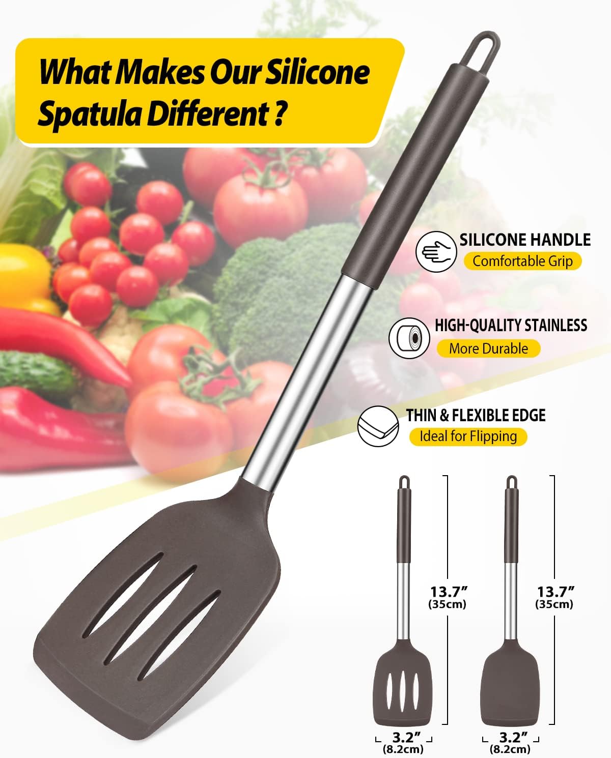 Pack of 2 Silicone Slotted Spatula,Non Stick Solid Kitchen Turner, High Heat Resistant BPA Free Cooking Utensils for Fish, Eggs, Pancakes（Black