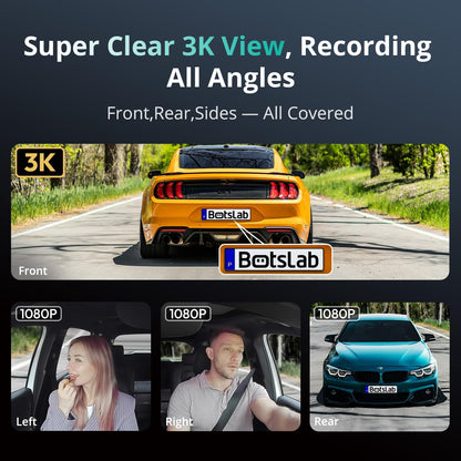 BOTSLAB 4 Channel 3K Dash Cam, 560° All-Sides View, 3.18" Touch Screen, 3K/4K Front and 1080P Rear Inside, Vocie Control, 5.8GHz WiFi Car Camera, G-Sensor, GPS, 24/7 Parking Monitor, 128GB SD Card