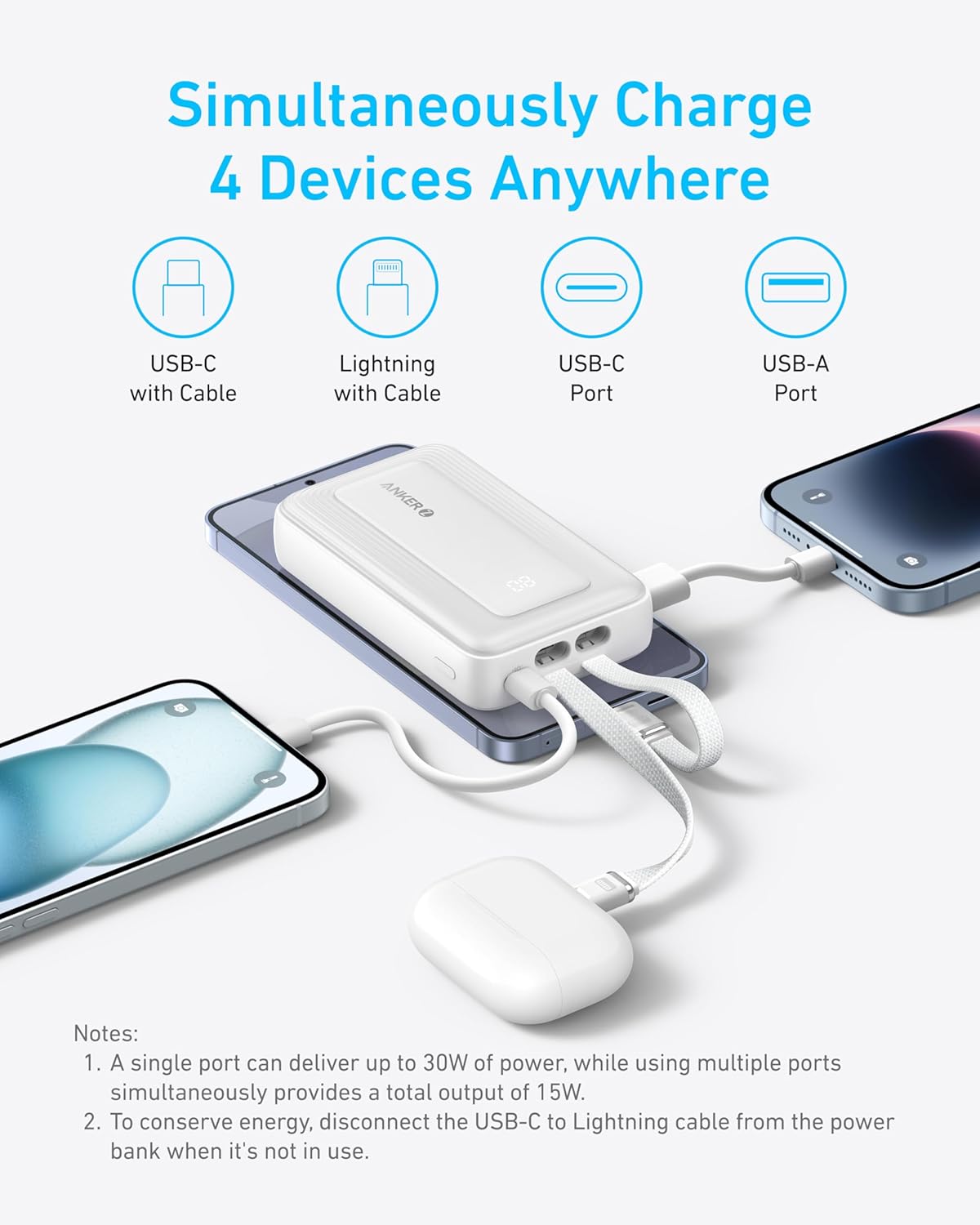 Anker Zolo Power Bank, 10,000mAh 30W Max Fast Portable Charger with Built-in USB-C and MFi Certified Lightning Cables, USB-C&A, Battery Pack for iPhone 16/15 Series, MacBook, Galaxy (White)