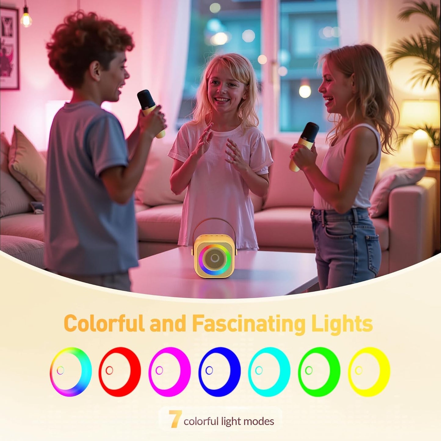 Karaoke Machine, Portable Bluetooth Karaoke Speaker with 2 Wireless Microphones and Party Lights for Kids and Adults, Birthday Gifts for Girls Boys Family Home Party (Beige2)
