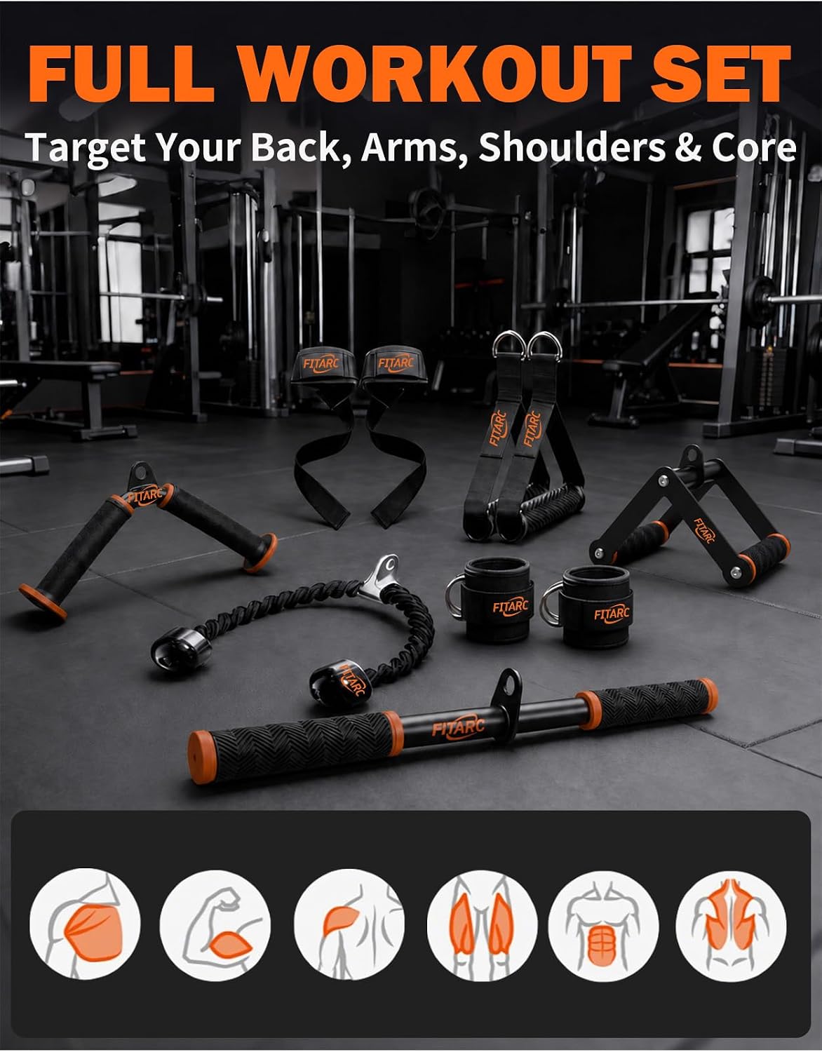 Fitarc Cable Machine Attachment Set for Home Gym, LAT Pulldown & Tricep Pushdown Attachments with D Handle, V Bar, Tricep Rope, Straight Bar, Stirrup Handles, Ankle Strap & Lifting Straps