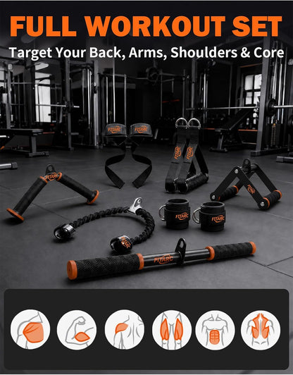 Fitarc Cable Machine Attachment Set for Home Gym, LAT Pulldown & Tricep Pushdown Attachments with D Handle, V Bar, Tricep Rope, Straight Bar, Stirrup Handles, Ankle Strap & Lifting Straps