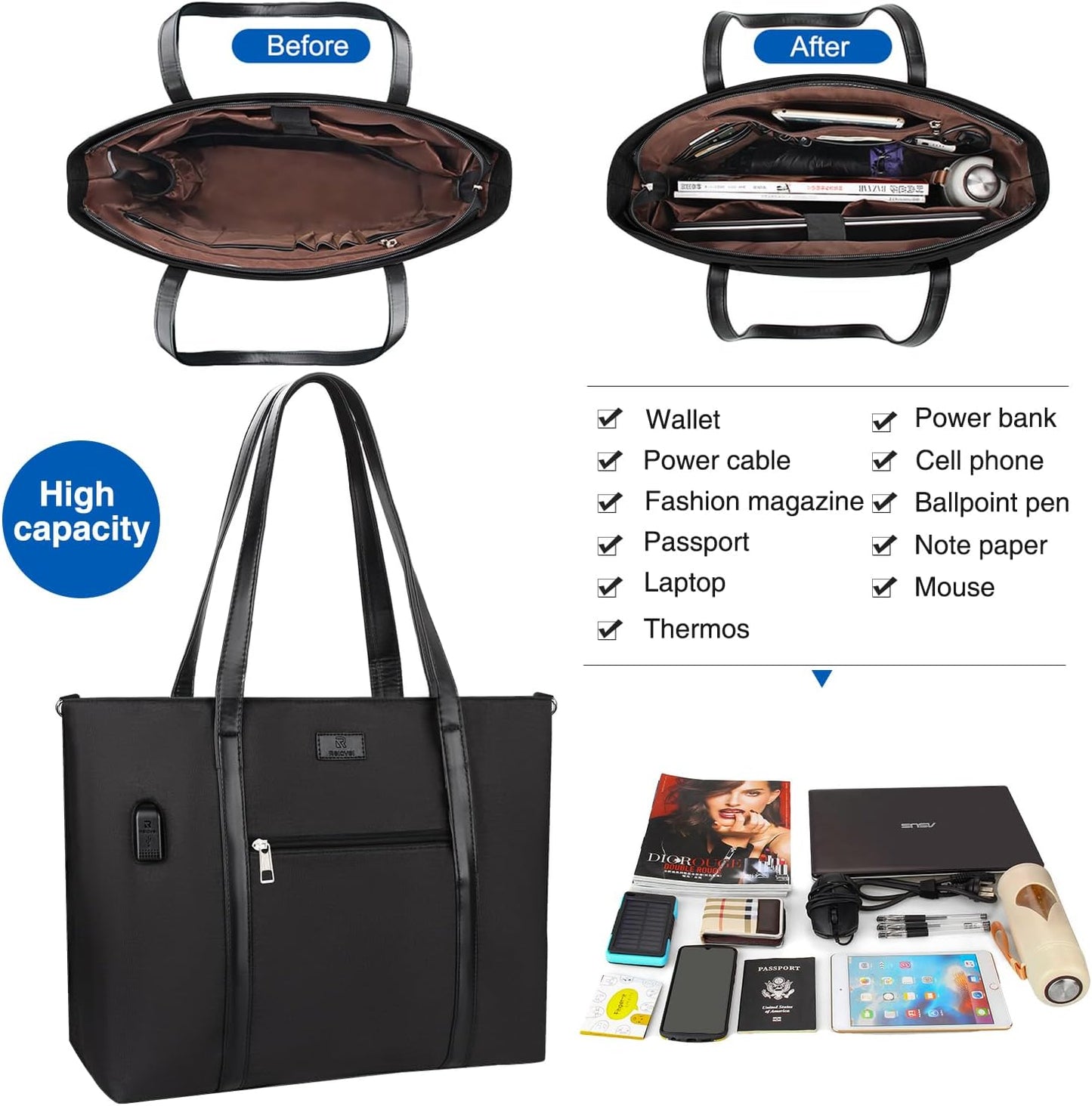 Laptop Bag for Women 17.3 Inch Laptop Tote Bag Large Work Tote Bag Waterproof Work Bag Teacher Bag with USB Charging Port Computer Tote Bag Nylon Handbag Satchel Shoulder Bag(17.3 inch, Black) - PuriLite