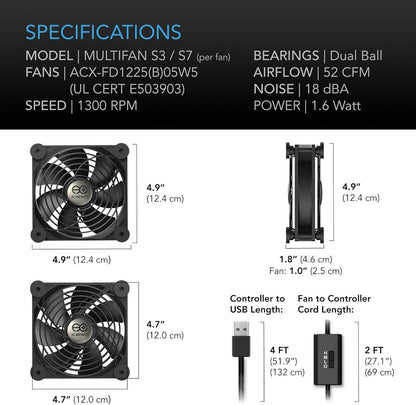 AC Infinity MULTIFAN S3 Quiet 120mm USB Cooling Fan – UL-Certified, Multi-Speed Adjustable for Electronics, Game Consoles, DVR, Receiver, and Computer Cabinets