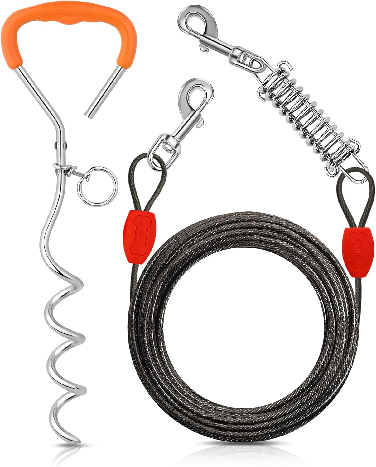 Petbobi Dog Tie-Out Cable and Stake - 30ft Heavy Duty Cable with Spring, No Tangle, 16in Ground Stake, Ideal for Yard, Camping and Beach, Suitable for Small Medium Large Dogs Up to 120 lbs, Blue