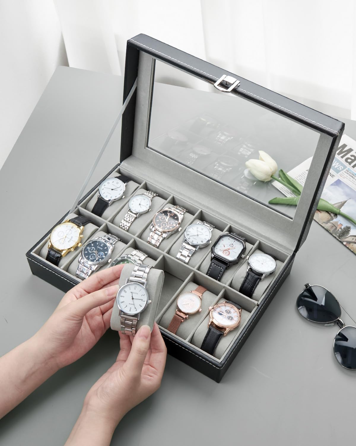 Ohuhu Watch Box Organizer for Men -12 Slot Leather Watch Case with Real Glass Lid Watch Display Case, Watch Organizer Jewelry Storage Box