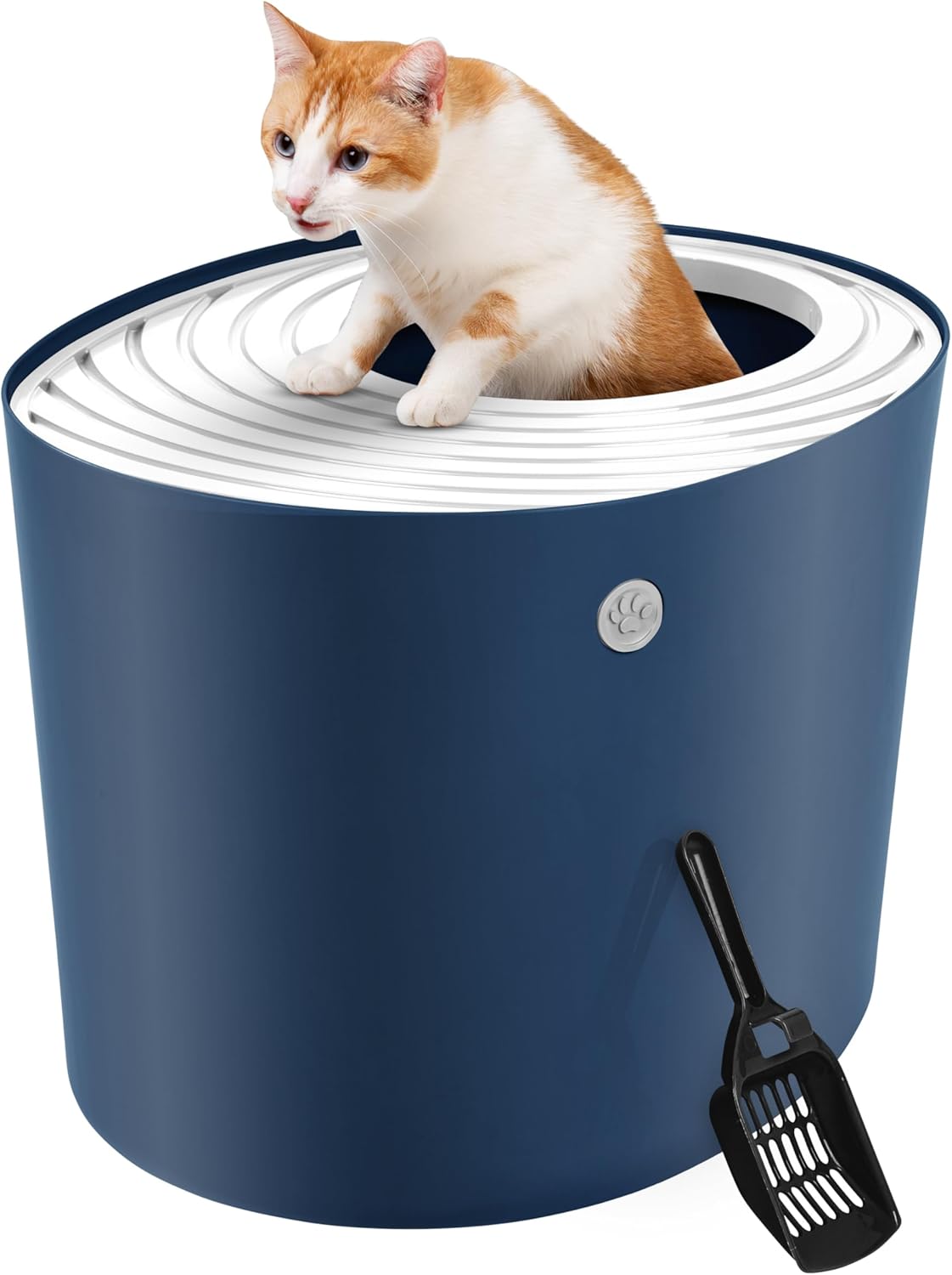 IRIS USA Top Entry Cat Litter Box with Scoop - Large - Stylish Enclosed Round Oval Kitty Dog Proof Box, Litiere Pour Chat Bac - White/Beige