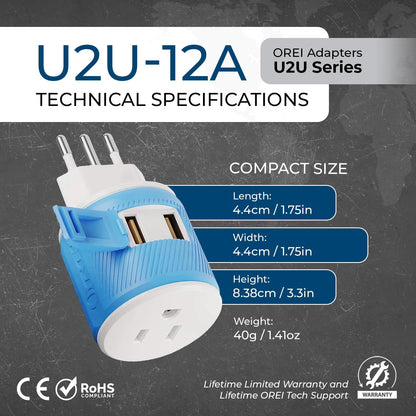 OREI South Africa, Botswana, Namibia Travel Plug Adapter with Dual USB - USA Input - Type M (U2U-10L), Will work with Cell Phones, Camera, Laptop, Tablets, iPad, iPhone