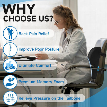 Lumbar Support Pillow for Office Chair Car Memory Foam Back Cushion Back Pain Relief Improve Posture Large Back Pillow for Computer, Gaming Chair, Recliner with Mesh Cover Double Adjustable Straps