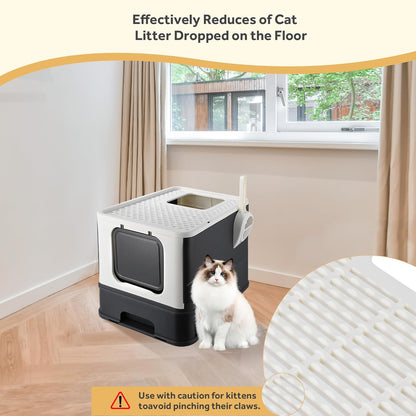 Foldable Cat Litter Box, Top Entry Kitty Litter Box with Lid & Scoop Extra Large Space Enclosure Toilet (Black) - LIVINGbasics