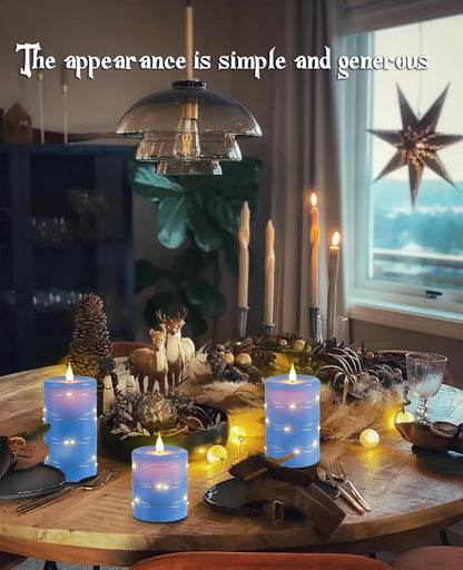 Upinmz Blue Flickering Flameless Candles with Embedded String Lights, Battery Operated Candles with Remote Control and Timer,Flameless LED Candles for Home Decoration,Real Wax, Set of 3