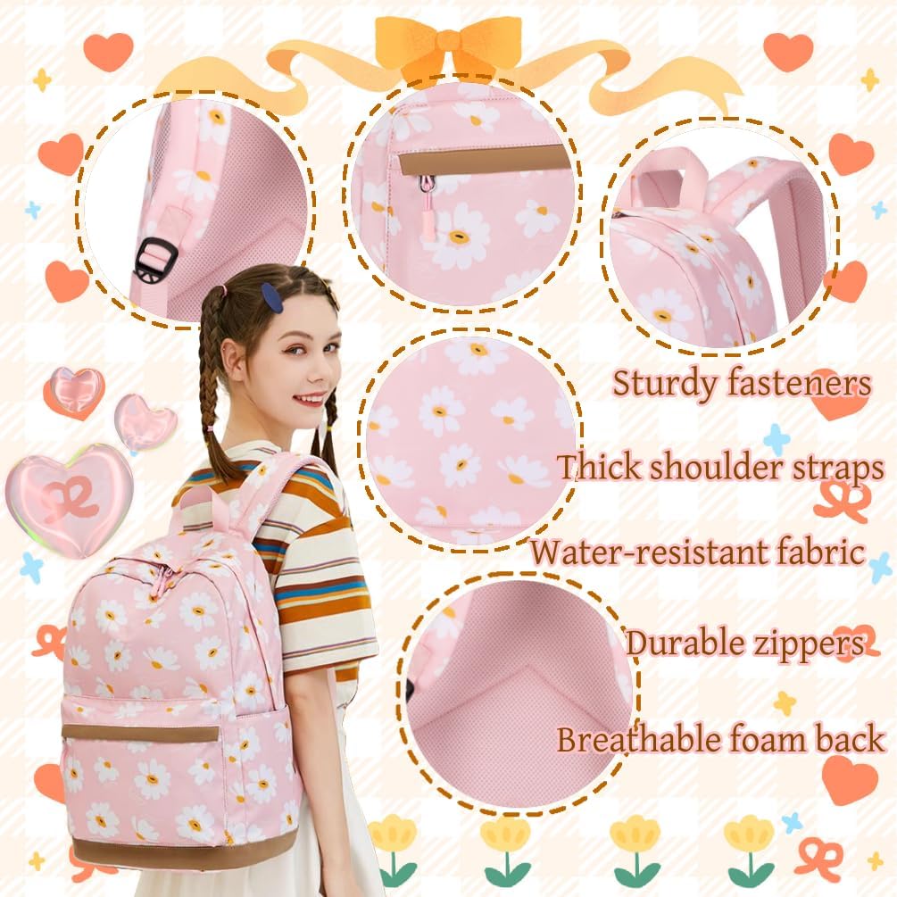 3Pcs Daisy Prints Backpack for Girls Bookbag set Primary School Daypack Elementary Students Knapsack with Lunch Box
