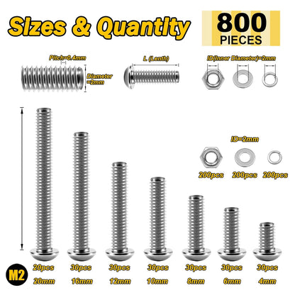 Mywish 900Pcs Metric Screw Assortment, M3 M4 M5 M6 Screw Assortment Kit 304 Stainless Steel Hex Socket Button Head Socket Cap Metric Screws Bolts & Flat Washers/Nuts/Hex Wrenches 16 Sizes 8MM to 20MM