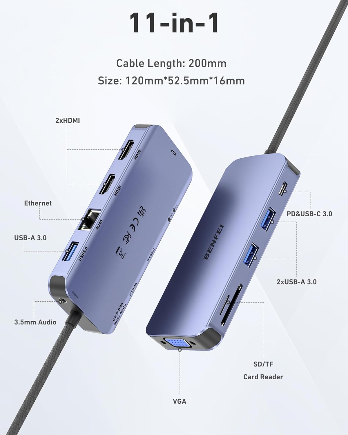 BENFEI 11-in-1 USB C Hub Triple Display Docking Station – Dual HDMI, VGA, 3 USB 3.0, Ethernet, SD/TF Card Reader, 100W Power Delivery, 3.5mm Audio for MacBook, XPS, Surface - PuriLite