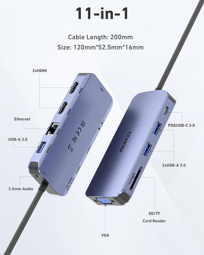 BENFEI 11-in-1 USB C Hub Triple Display Docking Station – Dual HDMI, VGA, 3 USB 3.0, Ethernet, SD/TF Card Reader, 100W Power Delivery, 3.5mm Audio for MacBook, XPS, Surface - PuriLite