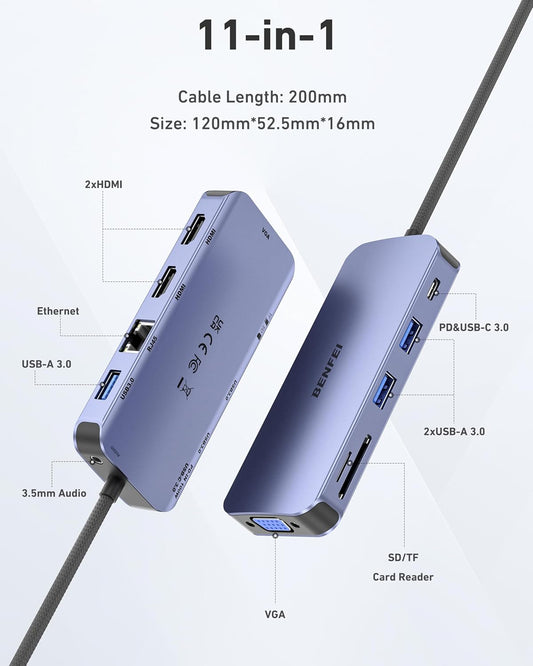 BENFEI 11-in-1 USB C Hub Triple Display Docking Station – Dual HDMI, VGA, 3 USB 3.0, Ethernet, SD/TF Card Reader, 100W Power Delivery, 3.5mm Audio for MacBook, XPS, Surface - PuriLite