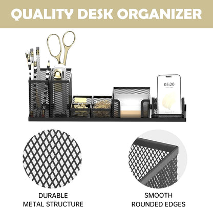 SUPEASY Desk Organizers and Accessories for Office Supplies Organization with 6 Compartments, Desk Organizer with Phone Holder, Pen Holder, Sticky Note Tray, Black