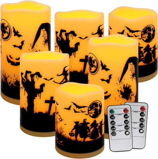 6 Pack Halloween LED flameless Candles, Featuring a timed Remote Control,Perfect for Trick-or-Treating LED Candles，Halloween Spooky.