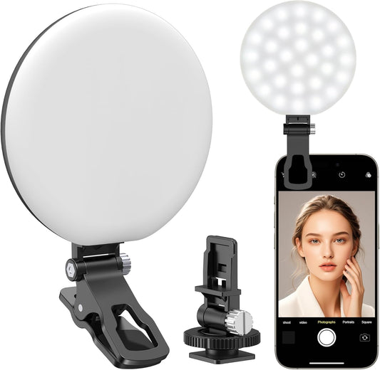 Anautin 60 LED Ring Light, Rechargeable Selfie Light with Front & Back Clip, 2500-6500K Portable Phone Light, Adjustable 3 Light Modes for iPhone, iPad, Tablet, Laptop, CRI97+, 90 Grams (Black)