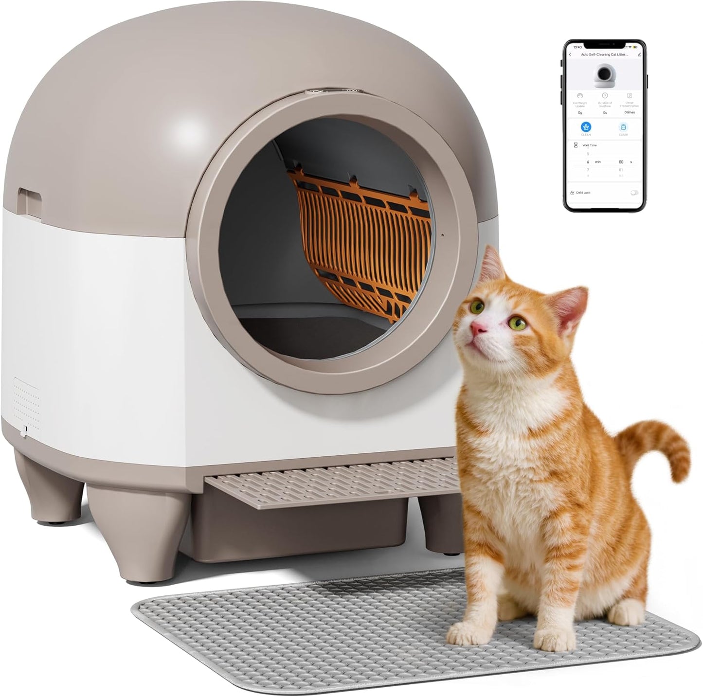 GUNJI Self Cleaning Litter Box, 90L Automatic Cat Litter Box for Multiple Cats, App Control-No Scoop, Large Kitty Box with Safety Protection, Includes Mat, 1 Garbage Bags (Gray)
