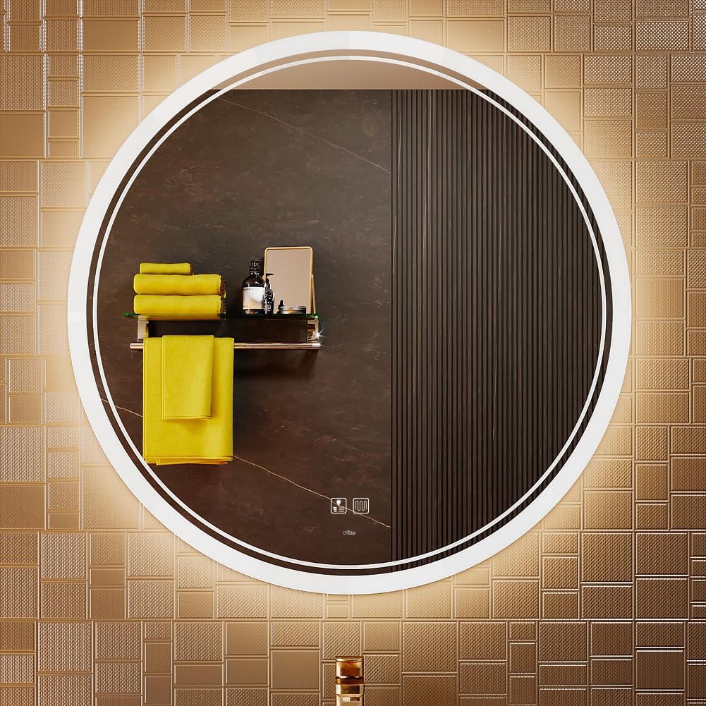 KWW Round Mirror Bathroom LED Lighted Mirror, Illuminated Dimmable Anti-Fog Wall-Mounted Makeup Vanity Mirror with Lights (24L x 24W inches)