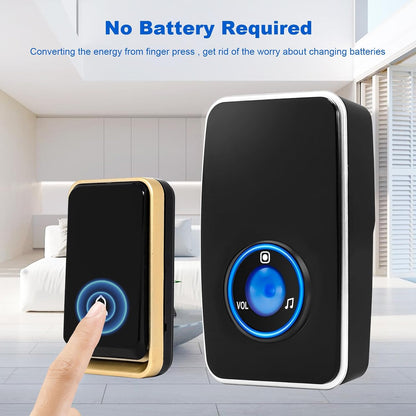 AURTEC No Battery Required Wireless Doorbell Waterproof, Door Chime Kit with 2 Plug-in LED Flash Receivers & 1 Press Self-Powered Transmitter, 51 Chimes and 4 Volume Levels, Black
