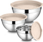 LIANYU Mixing Bowls with Airtight Lids Sets, 3 Packs Stainless Steel Metal Mixing Bowls, Ideal for Prepping, Cooking, Storage, Serving, Freezer & Dishwasher Safe, Khaki