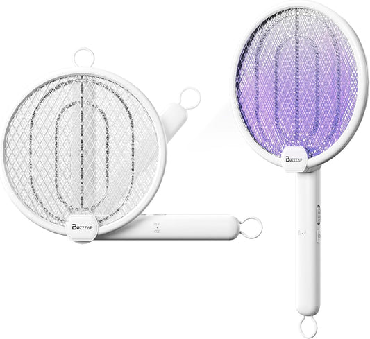 2 in 1 Electric Fly Swatter, 4000V Foldable Bug Zapper Racket, Rechargeable Mosquito Racket with UV Light Trap, Electronic fly zapper with 3 Layer Safety Mesh for Indoor and Outdoor, USB C, Dual Modes