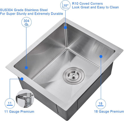 MENATT 20-inch Undermount Kitchen Sink, SUS304 Stainless Steel Handmade Single Bowl Kitchen Sink with Sink Strainer (Brushed), 20"x16"x9"