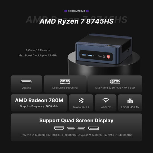BOSGAME M4 Mini PC Oculink, AMD Ryzen 7 8745HS 32GB DDR5 RAM 1TB PCIe4.0 SSD,Radeon 780M Quad Displays,USB4,Dual LAN 2.5GbE LAN Micro Desktop Computer - PuriLite
