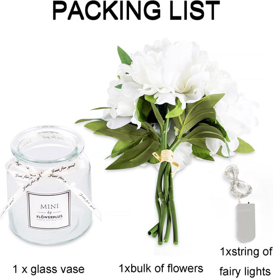 BLOSMON White Fake Flowers with Vase: Small Coffee Table Decor Bathroom Hydrangea Faux Flowers in Vase Office Desk Shelf Home Living Room Bedroom Vanity nightstand Decorations Floral Arrangement - PuriLite