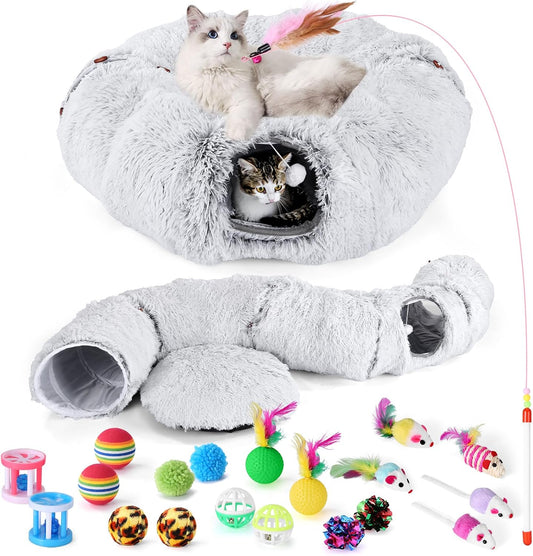 Odoland Large Cat Tunnel, Collapsible Cat Tube with 20pcs Cat Toys | S-Shape Donut Tunnel with Central Mat for Kitten, Puppy, Ferret, Rabbit, Indoor Cats,White