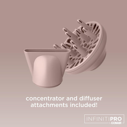 InfinitiPRO by Conair 750C Frizz Free Pro Dryer, 3 Heat/2 Speed Settings, Includes Diffuser and 2 Contentrators, Rose Gold, Hair Dryer